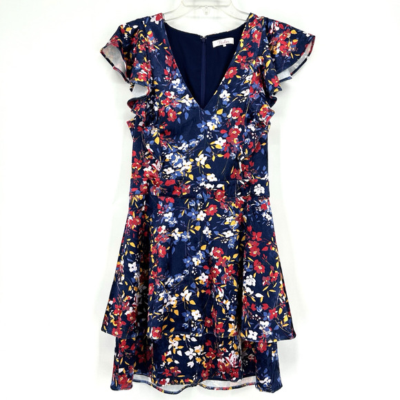Parker Floral Velvet Tiered Dress Ruffle Blue Red Flutter Sleeves Boho Size S - Picture 1 of 9